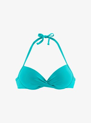 Türkiser Bikini-Oberteil mit verdrehtem Frontdesign, verstellbaren Halterbändern und glatter Textur. Verfügt über weiche Cups und minimalen Schutz.