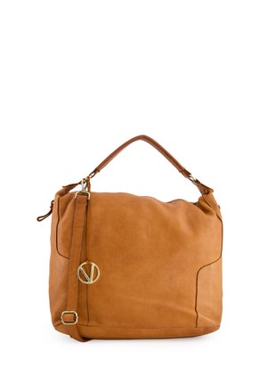 Tanfarbene Leder-Schultertasche mit einem oberen Griff, verstellbarem Tragegurt, goldenen Beschlägen und gestickten Details. Verfügt über Seitentaschen und ein Logo-Element.