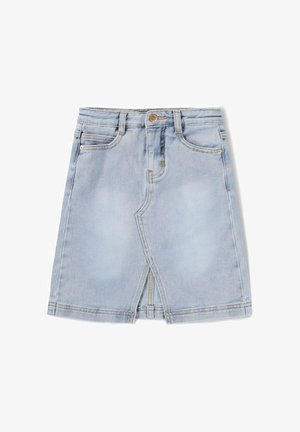 Vaaleansininen farkkuhame, jossa on edessä halkio, vyölenkit, nappikiinnitys ja etutaskut valkoista taustaa vasten.