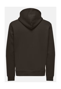 Brown hoodie met een zachte textuur, voorzien van een ruime capuchon, geribbelde manchetten en zoom. De achterkant toont een glad, ononderbroken oppervlak.