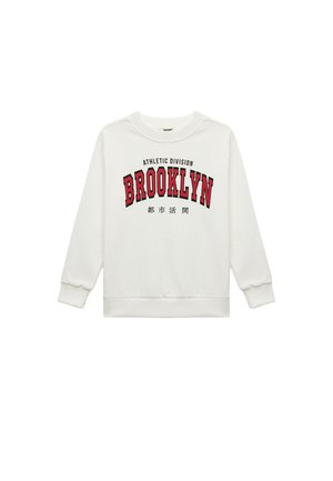 Witte sweatshirt met lange mouwen, voorzien van een rood en zwart "BROOKLYN"-grafiek en tekst in een vet lettertype. Zachte, gestructureerde stof.