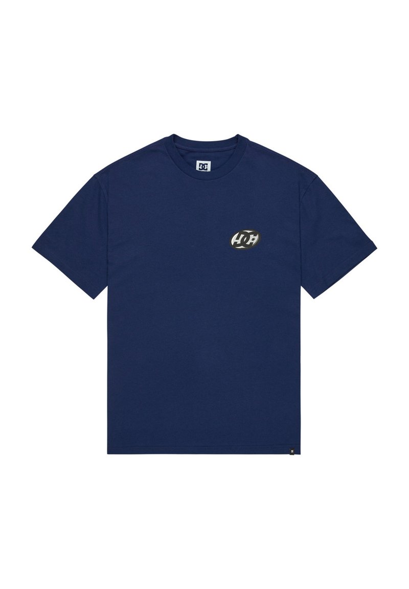 Mörkblå bomullströja med korta ärmar, rundad halsringning och en liten grafisk logotyp på vänster bröst. Mjuk textur, vanlig passform.