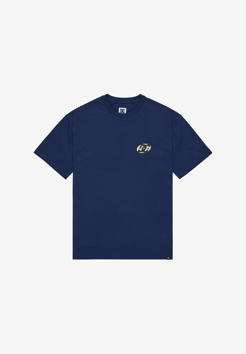 Navy blue cotton t-shirt with short sleeves, crew neck, and a small graphic logo on the left chest. Soft texture, standard fit.