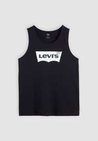 Débardeur en coton noir avec un col rond, arborant un logo blanc de Levi's dans une forme distinctive au centre. Pas d'autres embellissements.