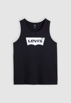 Zwarte katoenen tanktop met een ronde halslijn, voorzien van een witte Levi's-logo in een opvallende vorm in het midden. Geen extra versieringen.