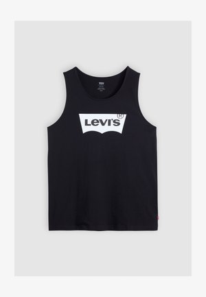 Black cotton tank top with a round neckline featuring a white Levi's logo in a distinctive shape at the center. No additional embellishments.