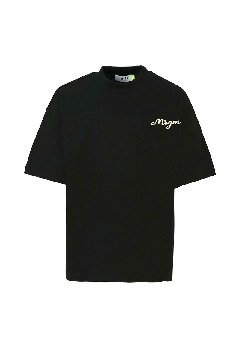 Zwarte katoenen T-shirt met korte mouwen, ronde hals en wit geschrift logo op de bovenlinker borst. Eenvoudig ontwerp, ontspannen pasvorm.