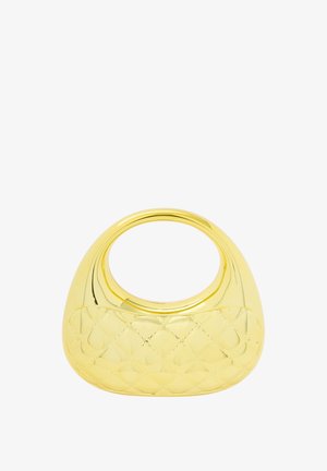 Gul håndtaske med quiltet mønster og rund hank. Glat, skinnende overflade og sikker struktur. Kompakt, moderne design.