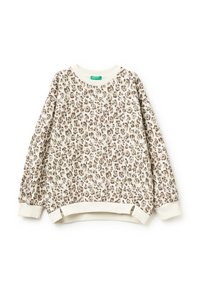 Felpa con stampa leopardata in beige e marrone, con colletto e orlo a coste color crema, dotata di maniche lunghe e spacchi laterali all'orlo.
