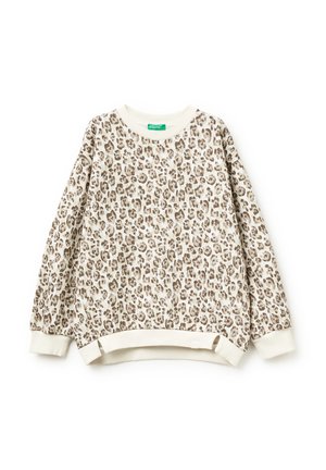 Sudadera con estampado de leopardo en beige y marrón, con un cuello y dobladillo de canalé color crema, que presenta mangas largas y aberturas laterales en el dobladillo.