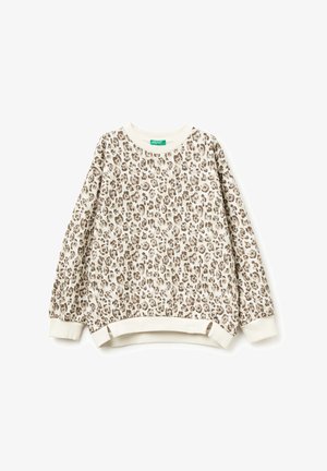 Felpa con stampa leopardata in beige e marrone, con colletto e orlo a coste color crema, dotata di maniche lunghe e spacchi laterali all'orlo.