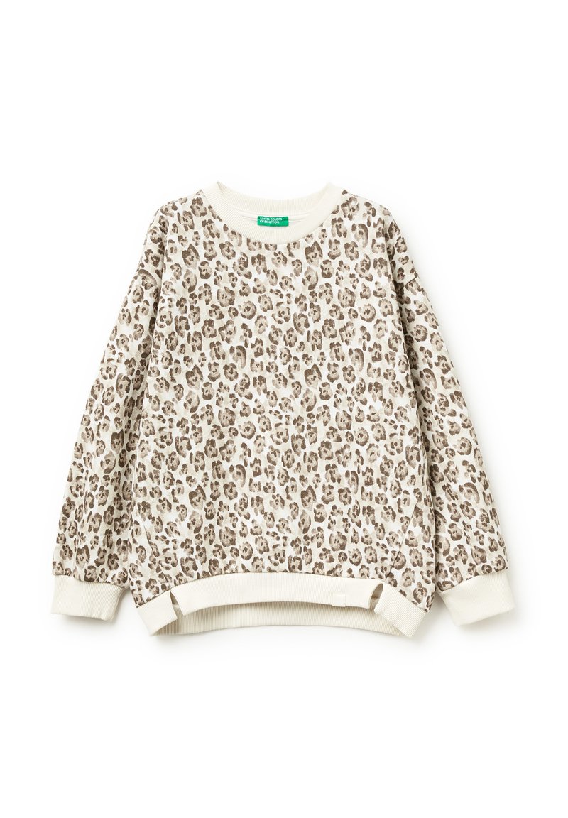 Felpa con stampa leopardata in beige e marrone, con colletto e orlo a coste color crema, dotata di maniche lunghe e spacchi laterali all'orlo.