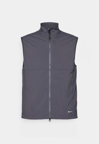 Sleeveless vest in dark gray fabric, featuring a high collar, front zipper, and a small zippered pocket on the chest. Smooth texture.