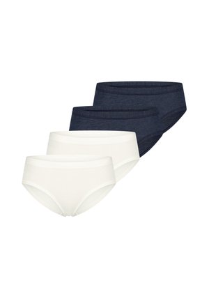 Dwie ciemnoszare i dwie białe bawełniane majtki ułożone w stos na białym tle.