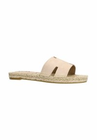 Lichtbeige suède instap sandalen met twee uitsparingen, jute-gewikkelde tussenzool en een platte zool voor casual gebruik.