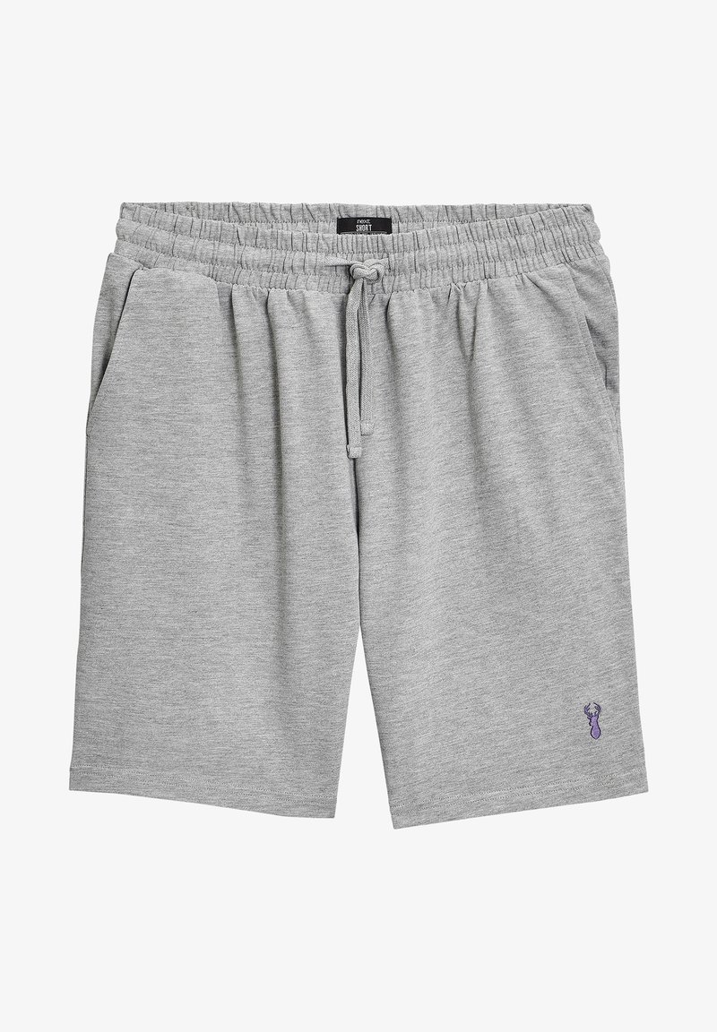 Shorts gris en tissu doux. Taille élastique avec cordon de serrage, présentant des poches latérales et un petit motif violet sur la jambe.