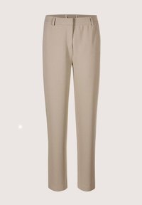 Beige maatwerkbroek met een gladde textuur, rechte pijpen, voorzakken en een vlakke voorkant. Geen zichtbare patronen of accenten.