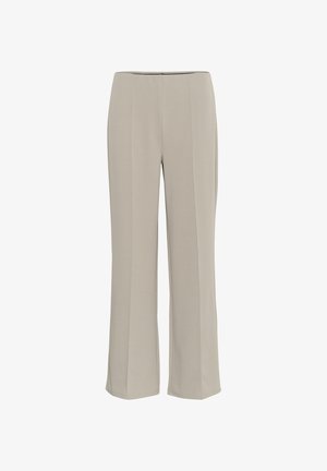 Helle Beige Hosen mit geradem Bein, ausgestattet mit flachem Frontdesign und dezenten Falten. Hergestellt aus einem glatten Stoff mit einer weichen Textur.