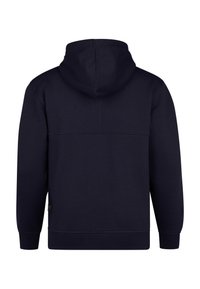 Sudadera azul marino con bolsillo canguro, capucha con cordón, puños y dobladillo acanalados. Textura suave y diseño minimalista.