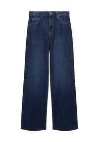 Jean en denim bleu foncé à jambes larges avec bouton et fermeture éclair à l'avant, poches avant et passants de ceinture.