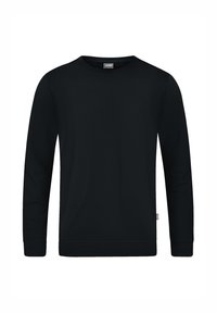 Sweatshirt noir à manches longues en tissu lisse, avec un col rond, des poignets côtelés et une étiquette logo à l'ourlet. Design simple et épuré.