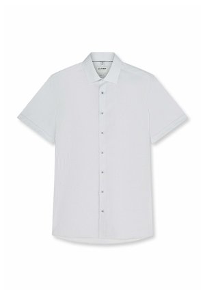 Camicia a maniche corte grigio chiaro con bottoni, con sottili righe verticali e colletto classico, mostrata distesa su sfondo bianco.