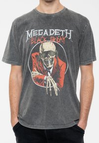 Gray cotton t-shirt featuring a large graphic of a skeleton in a red suit and black glasses, with "Megadeth Black Friday" text above.
