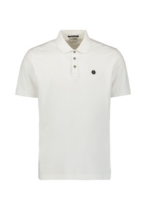 Witte polo shirt van katoen. Heeft een klassieke kraag, een knoopsluiting met drie knopen en een klein hexagonaal logo op de linkerborst.