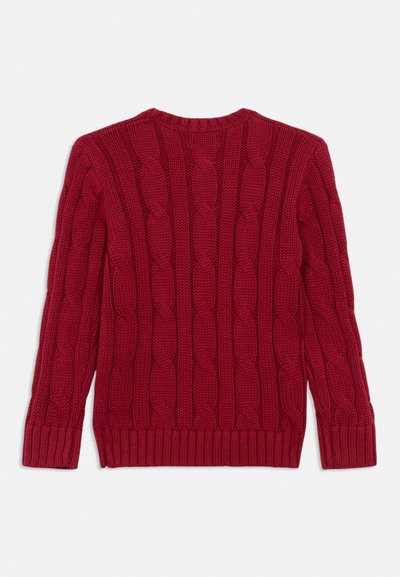 Raudonas mezginiu megztinis su kabeliniu raštu, raukšlėtais rankogaliais ir apatine dalimi, apvaliu iškirpimu ir tekstūruotu paviršiumi. Pavaizduota galinė pusė.