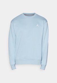 Hellblaues Sweatshirt aus weichem Stoff, mit Rundhalsausschnitt, langen Ärmeln und einem kleinen weißen Logo auf der Brust.