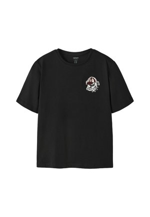 Black cotton t-shirt with a round neckline and short sleeves, featuring a graphic design of a bulldog on the left chest.