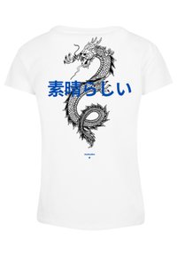 White cotton t-shirt featuring a black dragon graphic design with blue Japanese text. Short sleeves and a rounded neckline.