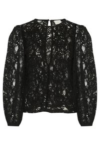 Black lace blouse featuring long puff sleeves, high neckline, and a keyhole back opening. The intricate floral pattern adds texture.