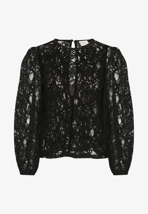 Must mustriline bluus, millel on pikad puff-sleed, kõrge kaelus ja avatud seljaga võtmekae. Peen lillene muster lisab tekstuuri.