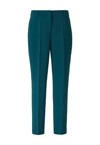 Türkise Hose aus glattem Stoff, mit einem maßgeschneiderten Design, geradem Bein und zwei vorderen Falten. Keine sichtbaren Taschen oder Verzierungen.