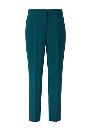Turkusowe spodnie wykonane z gładkiego materiału, z dopasowanym krojem, prostą nogawką i dwoma fałdami z przodu. Brak widocznych kieszeni lub ozdób.