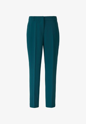 Türkise Hose aus glattem Stoff, mit einem maßgeschneiderten Design, geradem Bein und zwei vorderen Falten. Keine sichtbaren Taschen oder Verzierungen.