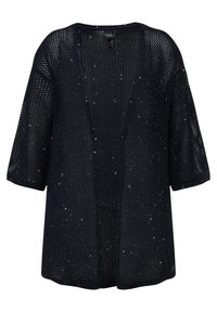 Cárdigan de punto abierto en azul marino que presenta un corte holgado, mangas cortas y lentejuelas dispersas para un detalle adicional. Tejido texturizado con un diseño transpirable.