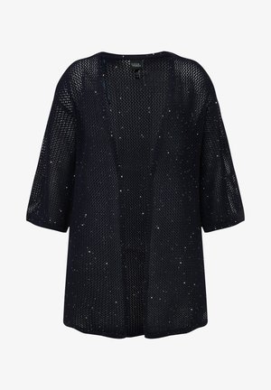 Cardigan aperto di colore blu navy con vestibilità ampia, maniche corte e paillettes sparse per un tocco di originalità. Tessuto testurizzato con un design traspirante.