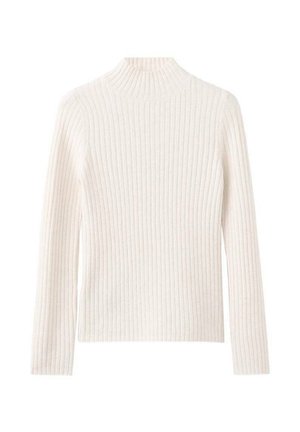 Žebrovaný rolák v krémovej bielej farbe, vyrobený z mäkkej pleteniny. Má dlhé rukávy a priliehavý strih.