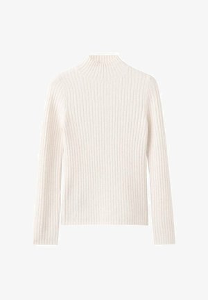 Maglione a collo alto a coste color bianco sporco, realizzato in morbido tessuto a maglia. Presenta maniche lunghe e una silhouette aderente.