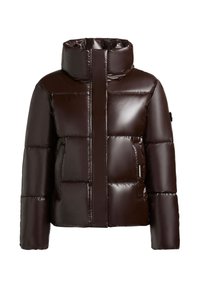 Brown puffer jacket with a shiny finish, high collar, and horizontal quilted design. Features a zippered pocket on the side.