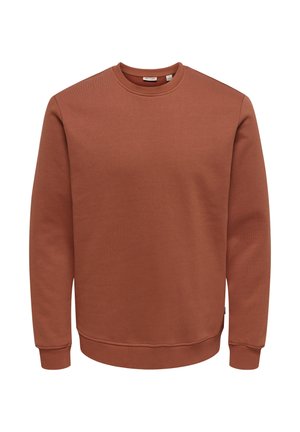Crewneck-sweatshirt i rustfarve med lange ærmer, ribkant ved manchetter og kant, vist mod en hvid baggrund.