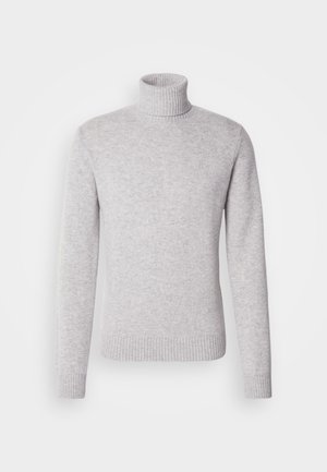 Svetar s svetlo sivo turtleneck-om, narejen iz mehkega pletenega materiala. Ima rebrast ovratnik in manšete. Klasična, oprijeta oblika z dolgimi rokavi.