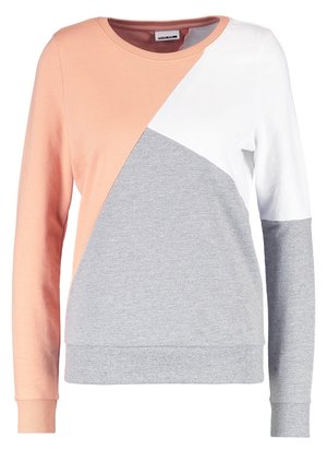Mikina s dlouhým rukávem a kulatým výstřihem s barevnými bloky v broskvové, bílé a světle šedé barvě, s žebrovanými manžetami a lemem.