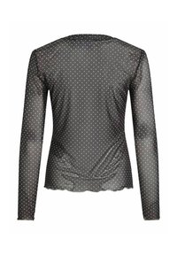 Bluzka z długim rękawem z prześwitującego czarnego materiału w białe kropki, z okrągłym dekoltem i zaokrąglonym dołem, gładką fakturą i dopasowanym krojem.