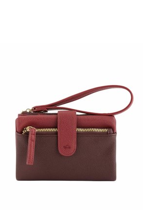 Brown leather wallet with a red accent, featuring a zippered compartment, a flap closure, and a wrist strap. Textured surface with gold hardware.