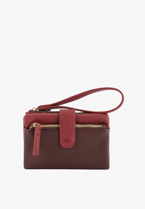Brown leather wallet with a red accent, featuring a zippered compartment, a flap closure, and a wrist strap. Textured surface with gold hardware.