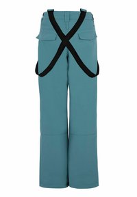 Tealfärgade utomhusbyxor med hög midja, dubbla bakfickor och svarta justerbara remmar i ett X-mönster över ryggen.