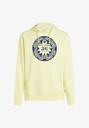 Žlutá mikina s kapucí s velkým tmavě modrým kulatým logem s palmami, stahovací kapucí, klokaní kapsou, žebrovanými manžetami a měkkou texturou.